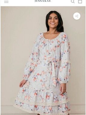 JessaKae Pastel Floral Eyelet Midi Dress in Light Blue and Peach